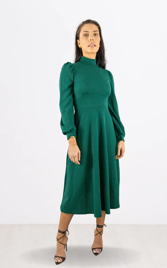 Green Long Sleeve Turtle Neck Midi Dress