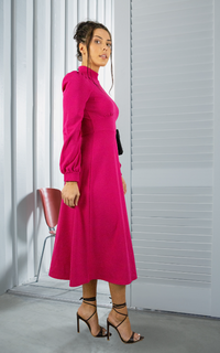 Hot Pink Long Sleeve Turtle Neck Midi Dress