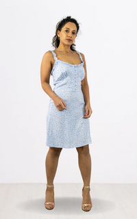 Blue Floral Print Strap Button Dress