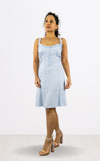 Blue Floral Print Strap Button Dress