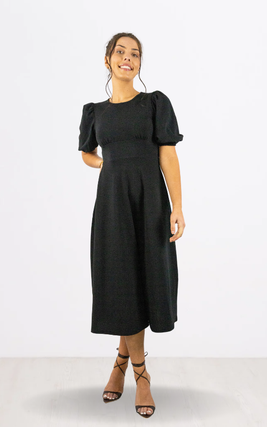 Black Round Neck Puff Sleeve Midi Dress