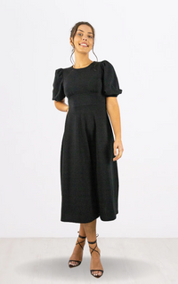 Black Round Neck Puff Sleeve Midi Dress