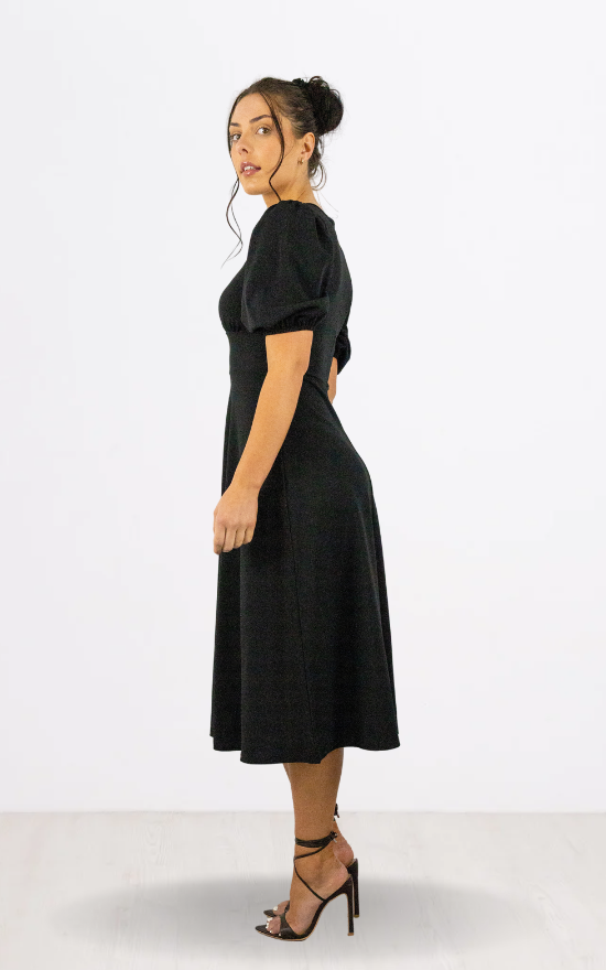 Black Round Neck Puff Sleeve Midi Dress