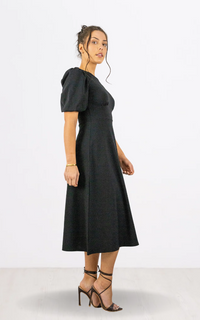 Black Round Neck Puff Sleeve Midi Dress