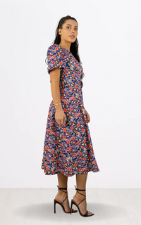 Blue Floral Print Puff Sleeve Midi Dress