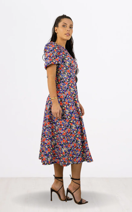 Blue Floral Print Puff Sleeve Midi Dress