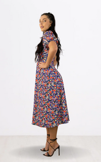 Blue Floral Print Puff Sleeve Midi Dress