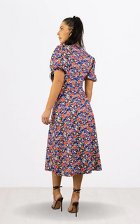 Blue Floral Print Puff Sleeve Midi Dress