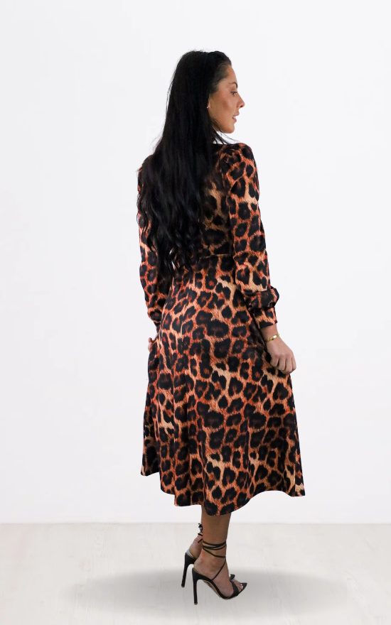 Brown Leopard Print Long Sleeve Turtle Neck Midi Dress