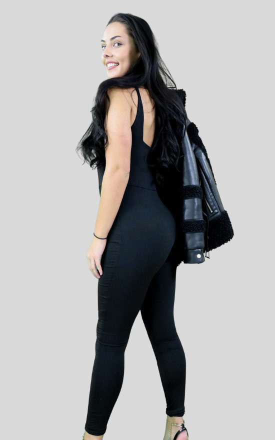 Black Double Layer Stretchy Scoop Neck Jumpsuit