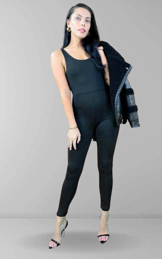 Black Double Layer Stretchy Scoop Neck Jumpsuit