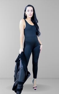 Black Double Layer Stretchy Scoop Neck Jumpsuit
