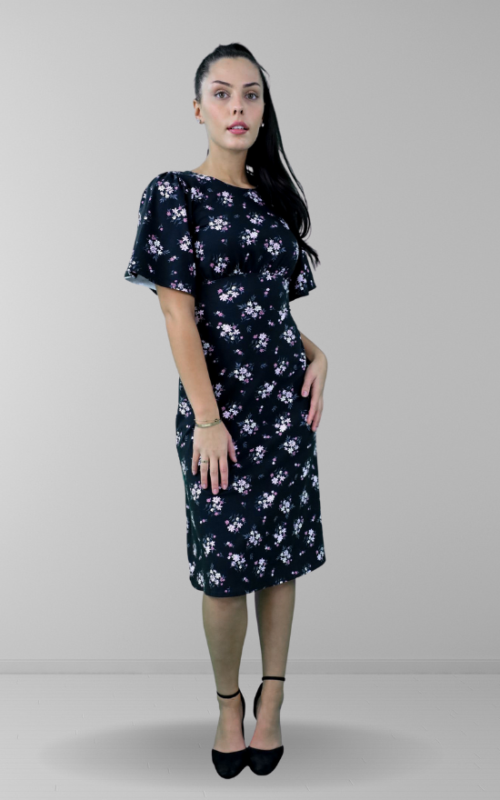Black Floral Print Flair Sleeve Midi Dress