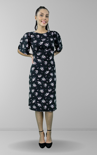 Black Floral Print Flair Sleeve Midi Dress