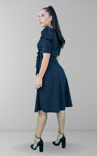 Black Glitter Puff Sleeve Wrap Tie Midi Dress