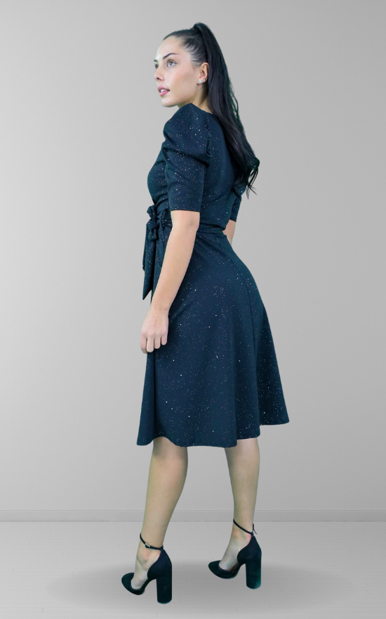 Black Glitter Puff Sleeve Wrap Tie Midi Dress