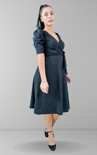 Black Glitter Puff Sleeve Wrap Tie Midi Dress
