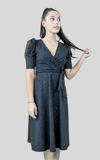 Black Glitter Puff Sleeve Wrap Tie Midi Dress