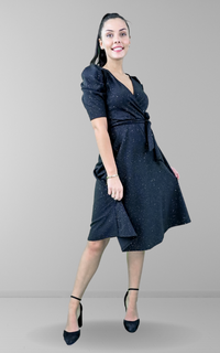Black Glitter Puff Sleeve Wrap Tie Midi Dress