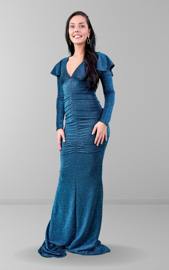 Blue Lurex V Neck Maxi Dress