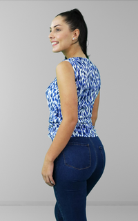Blue & White Leopard Print Round Neck Sleeveless Top
