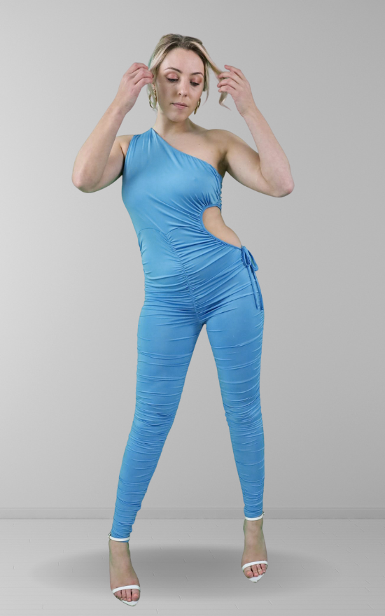 Blue one shoulder cut out jumpsuit