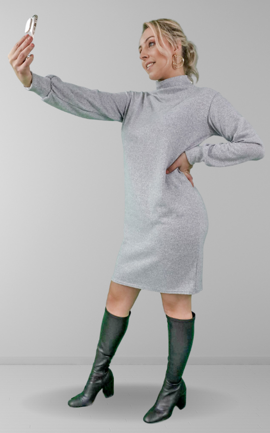 Grey Funnel Neck Long Sleeve Jumper Mini Dress