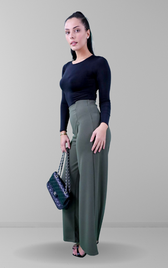 Khaki Scuba Crepe Wide Leg Trouser