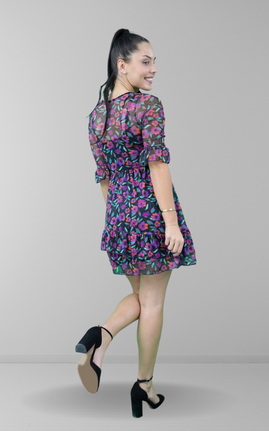 Multi Floral Print Mesh Mini Skater Dress