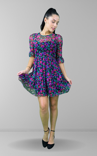 Multi Floral Print Mesh Mini Skater Dress