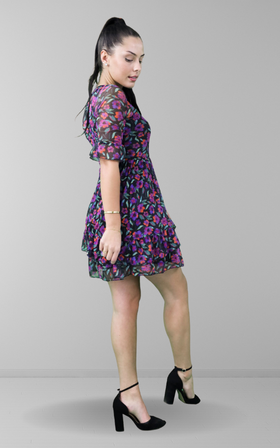 Multi Floral Print Mesh Mini Skater Dress