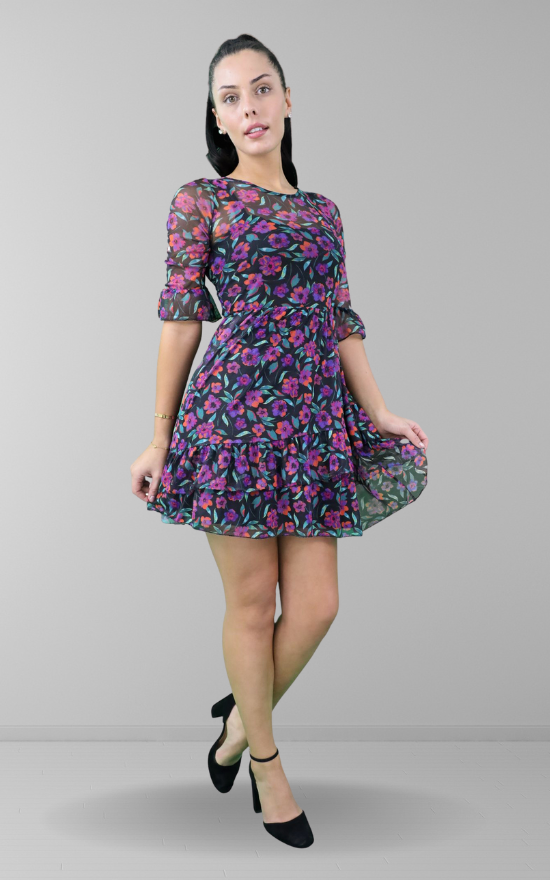 Multi Floral Print Mesh Mini Skater Dress