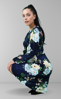 Navy Floral Print Round Neck Skater Midi Dress