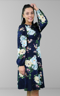 Navy Floral Print Round Neck Skater Midi Dress