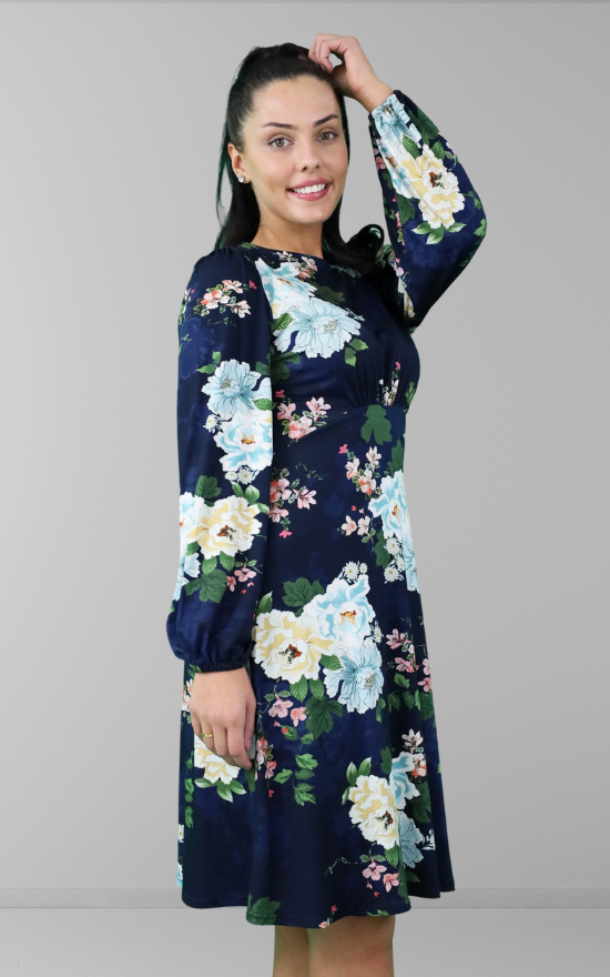 Navy Floral Print Round Neck Skater Midi Dress
