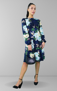 Navy Floral Print Round Neck Skater Midi Dress