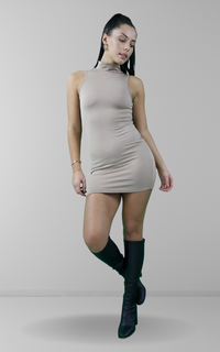 Slinky high neck mini dress in chestnut